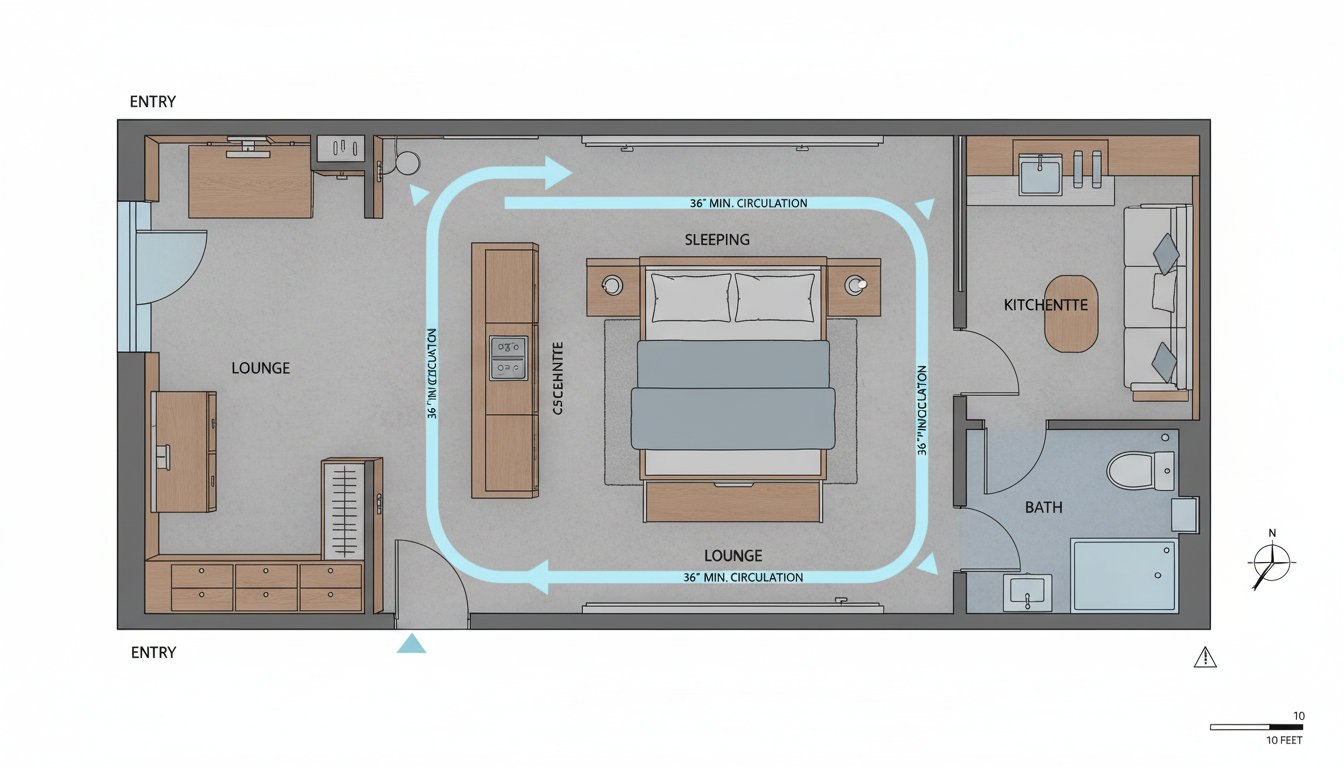 Hospitality Design: Short-Stay Comfort, Long-Stay Practicality 2 An illustration or rendering of a thoughtfully designed hospitality unit floor plan, highlighting clear circulation paths (at least 36 inches wide) between functional zones like entry, sleeping area, and bathroom. Show integrated, space-saving furniture like wall-mounted elements and sliding doors to maximize usable floor area in a compact space, emphasizing efficient spatial flow. Minimalist, architectural style.