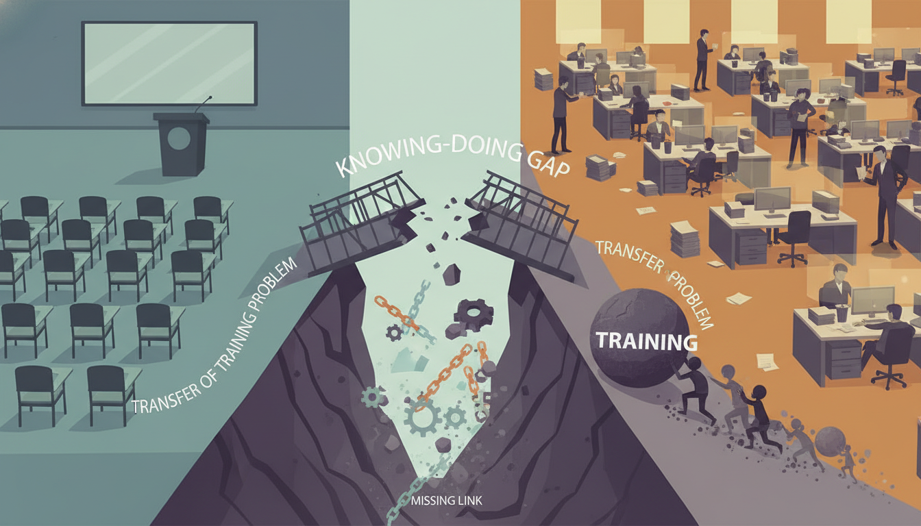 Improving Professional Development Quality: Bridging the Knowing-Doing Gap 1 An abstract image showing a broken bridge between a classroom or seminar room and a busy office or workplace, symbolizing the transfer of training problem and the knowing-doing gap in professional development. A person is struggling to push a boulder labeled 'training' up a hill, only for it to roll back down, representing the Sisyphus effect. The image should convey concepts of struggle, inefficiency, and a missing link in corporate learning.