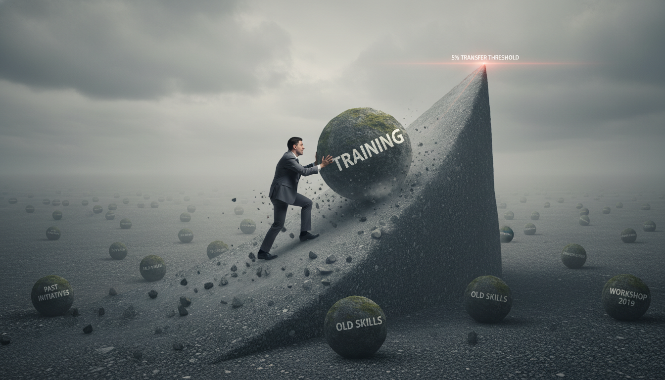 Improving Professional Development Quality: Bridging the Knowing-Doing Gap 2 An image depicting a tired professional pushing a boulder labeled 'training' up a never-ending hill, only for it to consistently roll back down, symbolizing the Sisyphus effect and the 5% transfer threshold in ineffective professional development. The person looks fatigued and disillusioned, with other boulders labeled 'past initiatives' scattered around. Emphasize the futility and repetition.