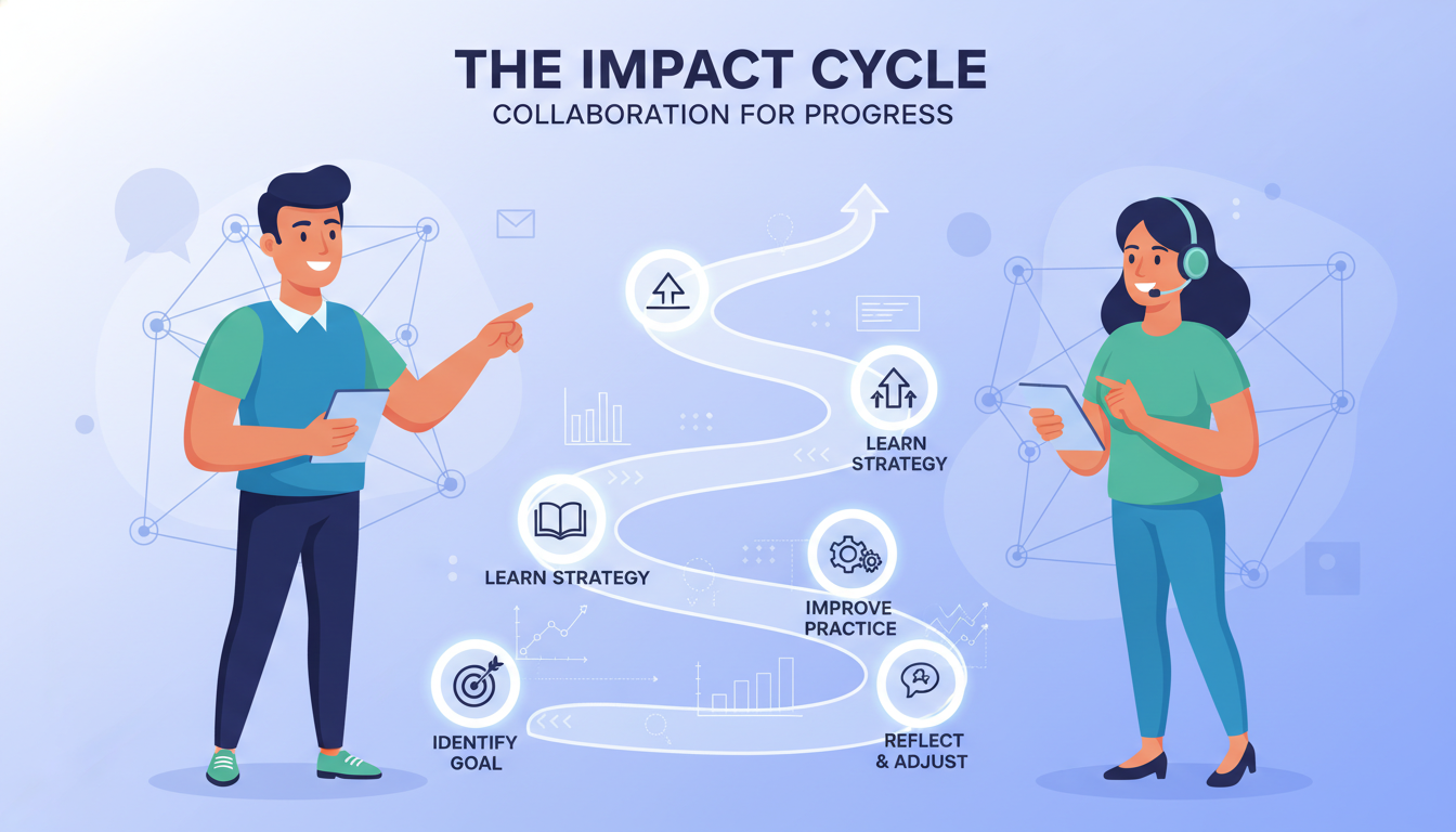 Improving Professional Development Quality: Bridging the Knowing-Doing Gap 3 A vibrant, modern illustration showing a coach and a learner collaborating effectively. The coach is pointing to a clear, winding path leading upwards with milestones like 'Identify Goal', 'Learn Strategy', 'Improve Practice', forming a cycle. The learner is actively engaged, looking confident, representing the iterative and data-driven Impact Cycle in professional coaching. Emphasize collaboration, clarity, and progress.