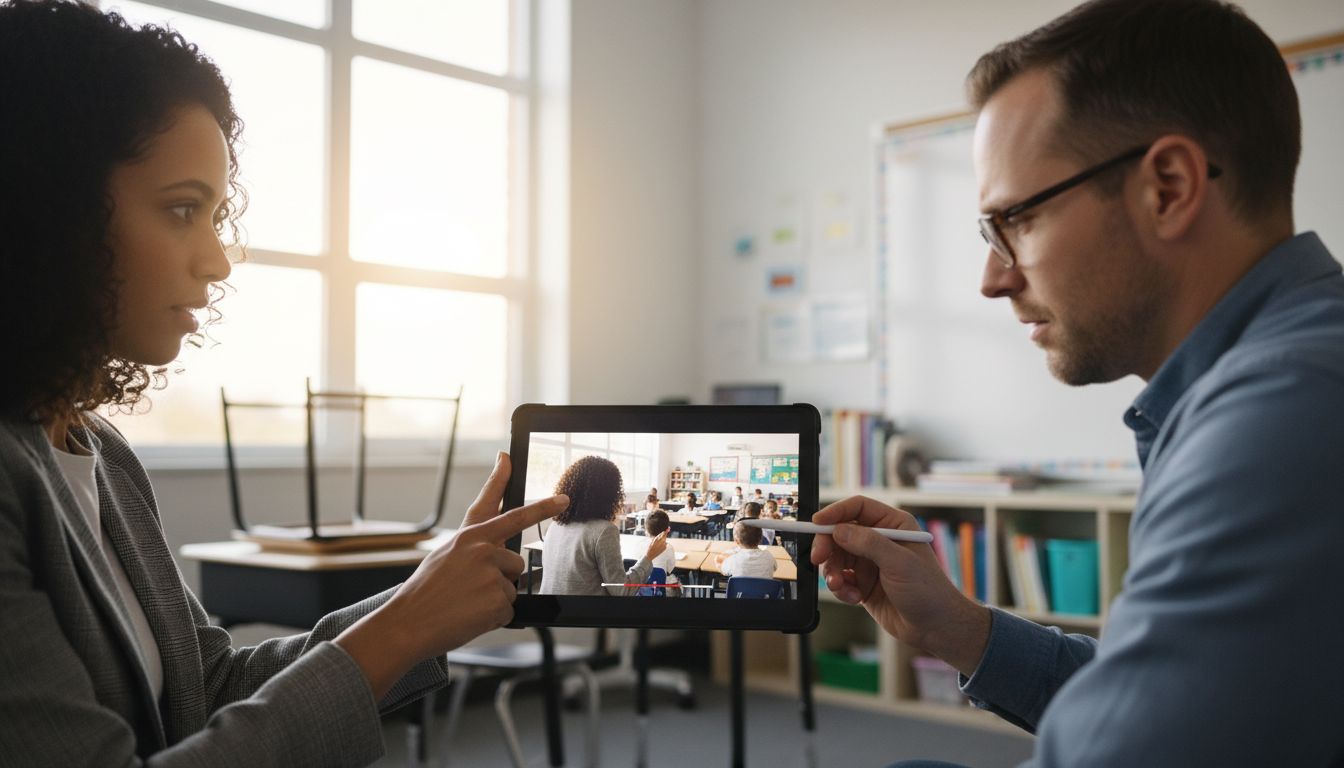 An instructional coach and a teacher in a modern classroom setting, actively reviewing a tablet or laptop screen showing a brief video of the teacher's lesson. They are engaged in a supportive, collaborative discussion, possibly pointing at specific moments in the video, with visible elements of reflective practice and mutual learning. The environment should feel professional and conducive to growth, with natural light.