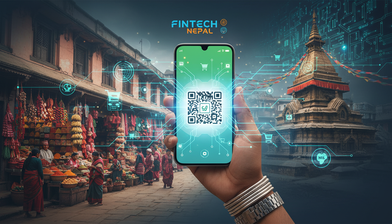 A vibrant and conceptual image showcasing digital transformation in Nepal. A hand holds a smartphone displaying a digital wallet app, with QR code icons and network lines extending. The background seamlessly blends a traditional Nepalese marketplace with modern digital elements, symbolizing financial inclusion, technological leapfrogging, and the impact of fintech and e-commerce.