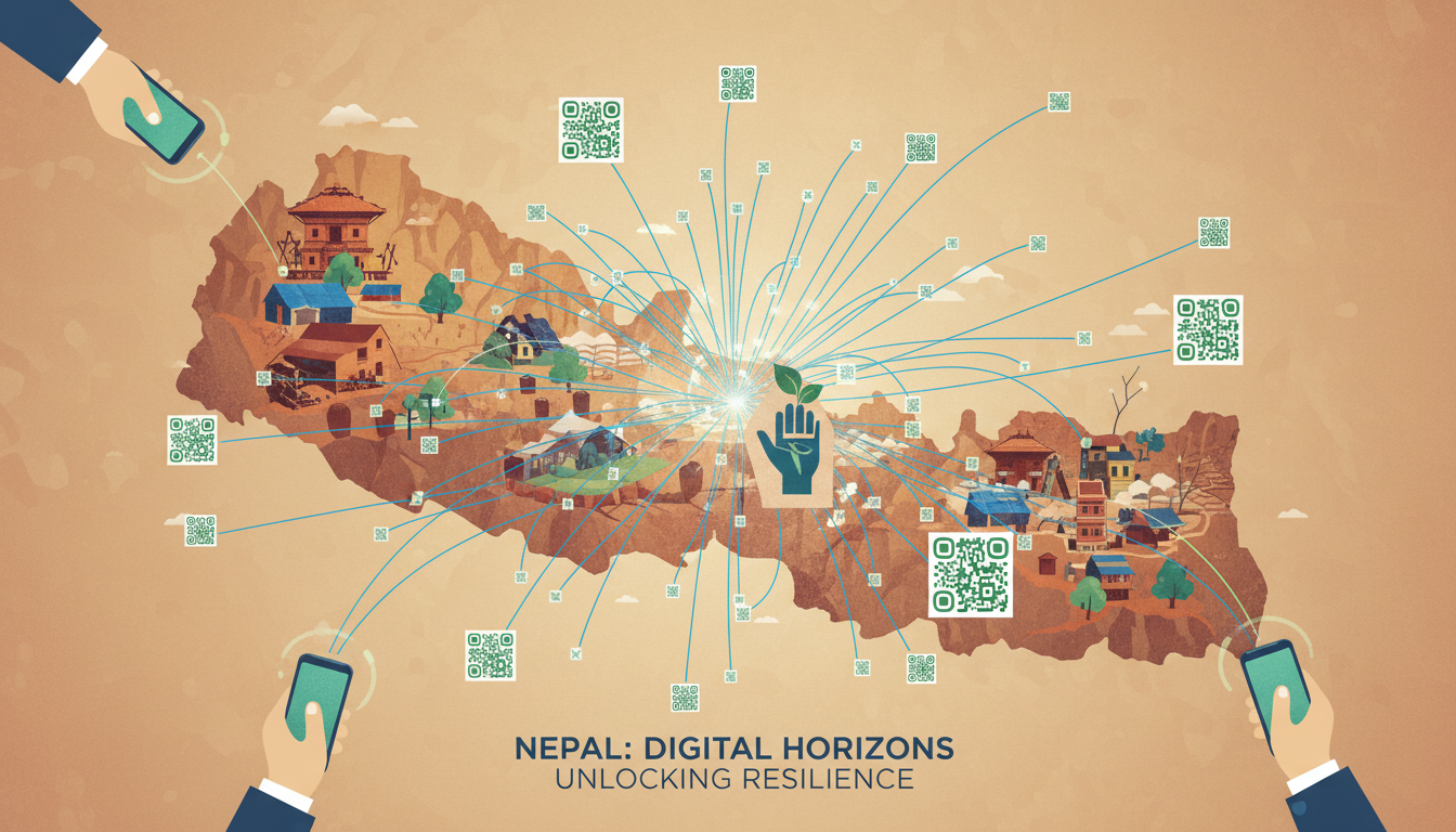 A conceptual image illustrating the rapid growth of internet penetration and mobile-first digital adoption in Nepal. Show a stylized map of Nepal with network lines expanding, intertwined with subtle representations of the 2015 earthquake's aftermath (resilience, rebuilding) and QR codes symbolizing contactless payments, all under the influence of increased smartphone usage.