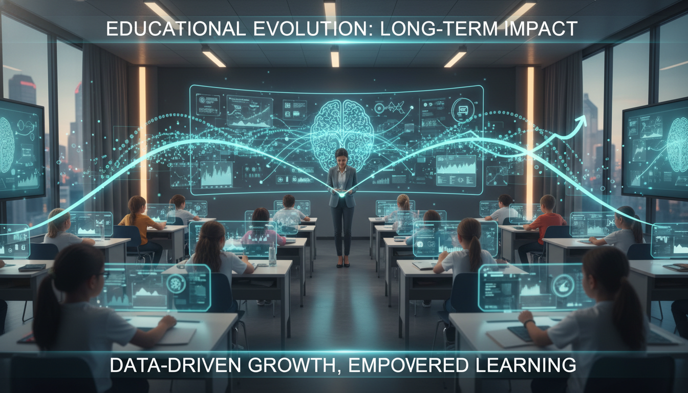Long-Term EdTech Impact: Longitudinal Measurement Framework 1 A conceptual image showing data points and growth curves overlaid on a modern classroom setting with students and a teacher interacting with technology, representing the long-term impact and evolution of educational technology.