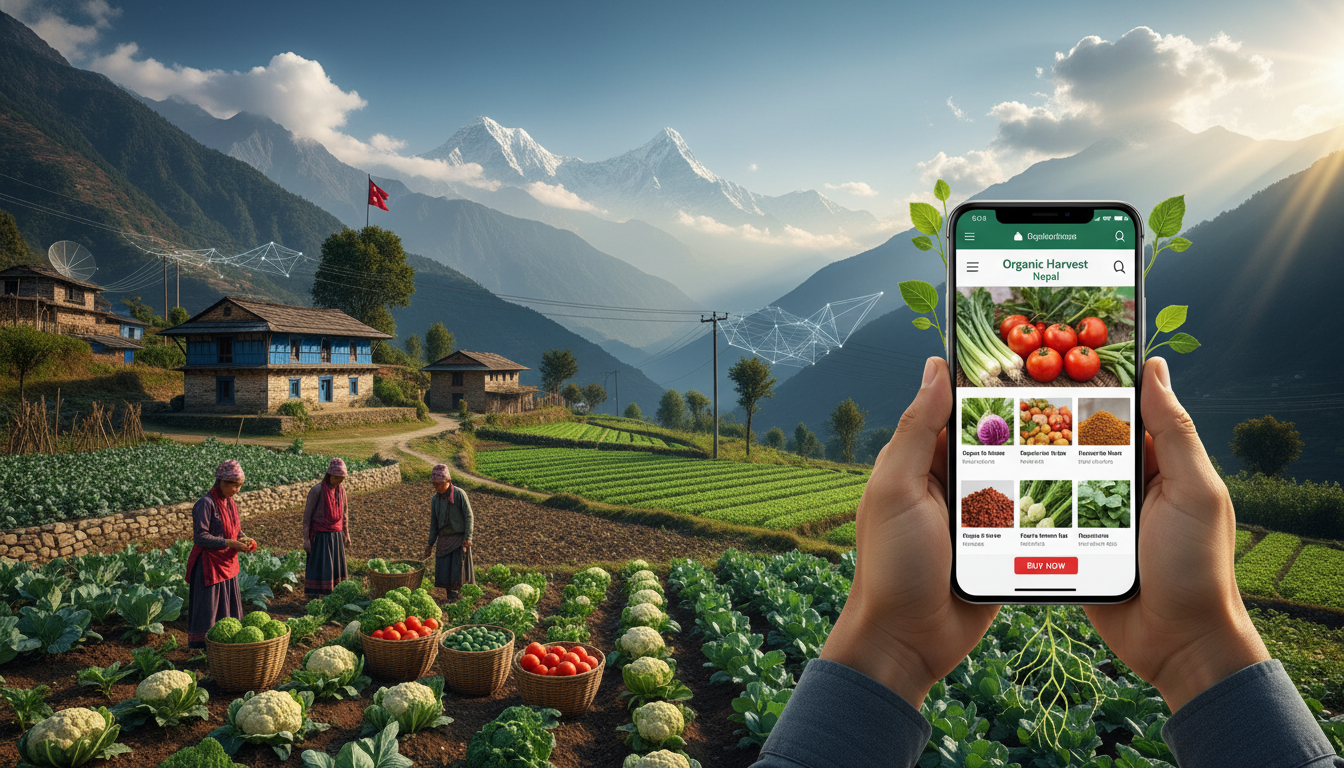 A vibrant image illustrating the convergence of digital e-commerce and organic farming in Nepal. A smartphone displaying an online store for organic produce is prominently featured, with a backdrop of lush green fields in a Himalayan valley and traditional Nepalese elements. Emphasize growth and connectivity.