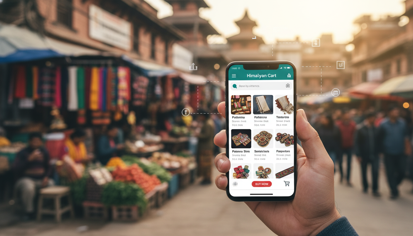 An image showcasing the mobile e-commerce boom in Nepal, with a focus on convenience. A hand holding a smartphone displaying an e-commerce app interface, with a blurred background of a bustling Nepalese market or street scene, emphasizing easy access to products through mobile devices. The scene should convey connectivity and the modern digital landscape.