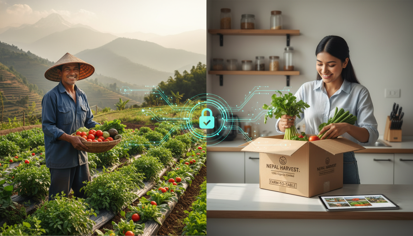 An image representing the bridging of the gap between rural organic farmers in Nepal and urban consumers through digital technology. Show a split scene: one side with a smiling Nepalese farmer in lush, verdant organic fields harvesting produce, and the other side with an urban consumer happily unboxing a package of '100% Organic Certified' produce. A subtle digital interface or network lines should connect the two scenes, symbolizing trust and efficient supply chains.