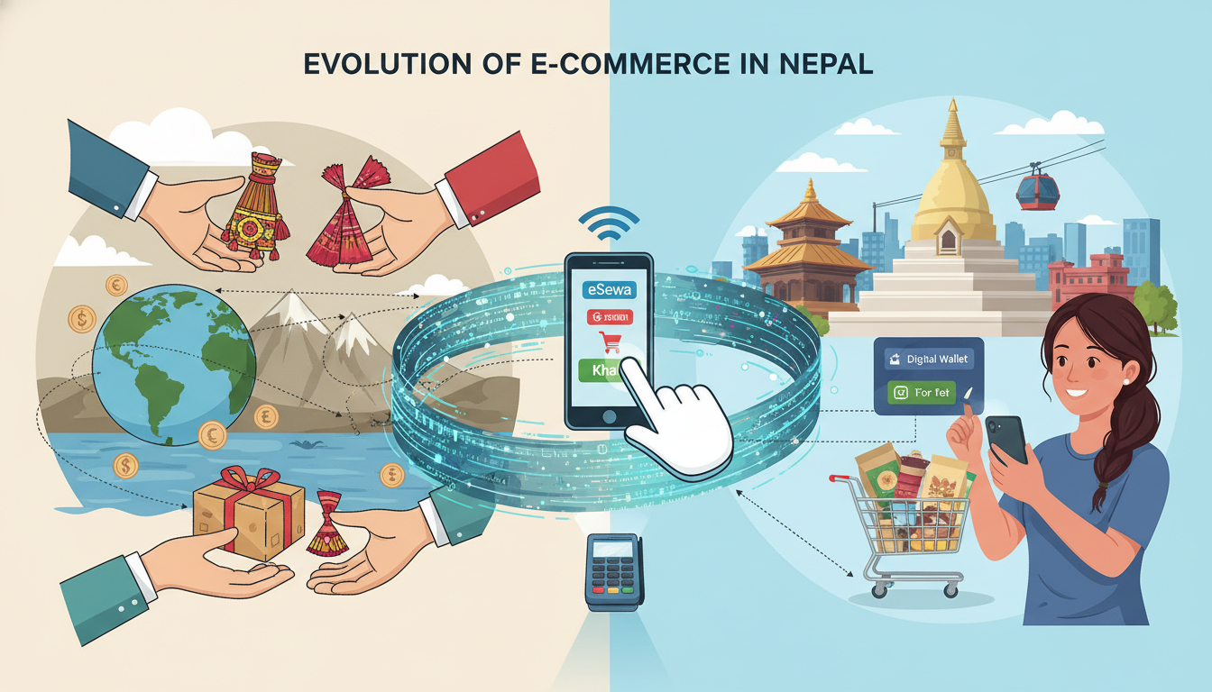 An illustration showing the evolution of e-commerce in Nepal. On one side, hands are exchanging packages internationally, representing the diaspora model. On the other side, a Nepali consumer is making a purchase using a mobile digital wallet app with local landmarks in the background, symbolizing the growth of domestic e-commerce. The image should convey connectivity and technological progress.