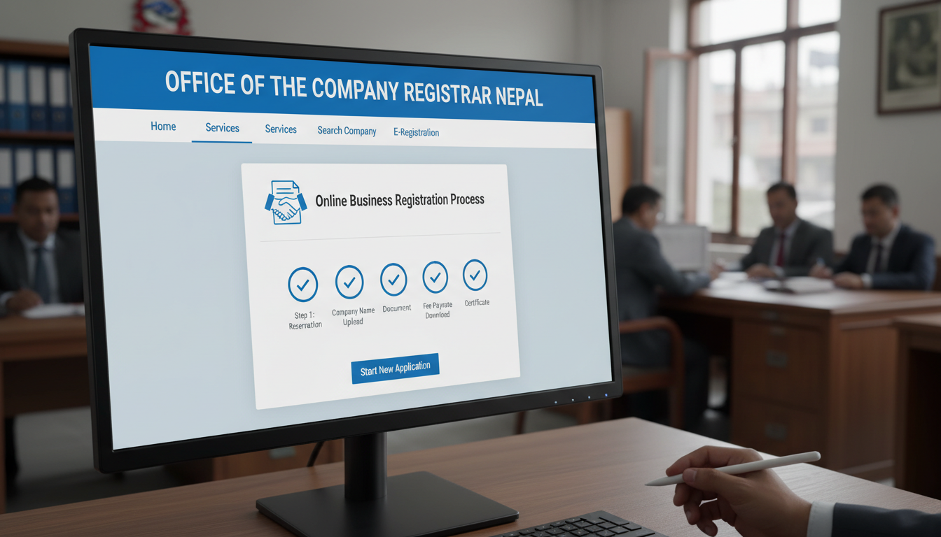 A modern, clean image of a digital interface on a computer screen displaying 'Office of the Company Registrar Nepal' with a user's hand interacting, symbolizing the online business registration process. Blurred Nepali office background.