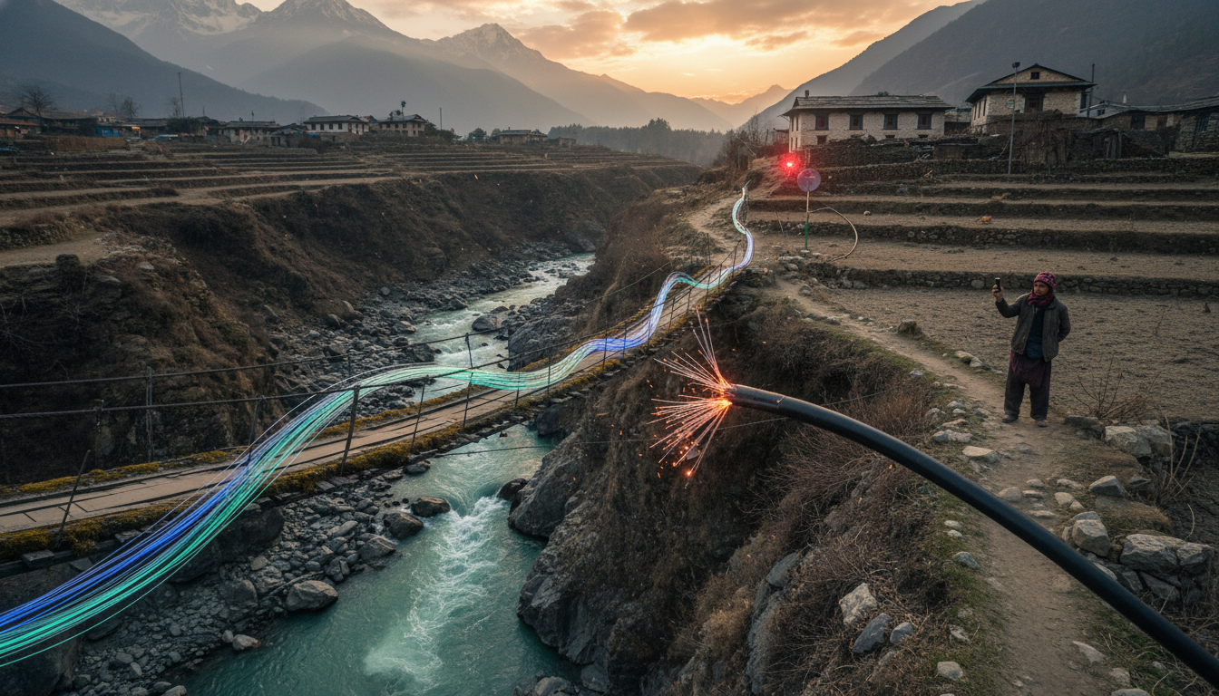 Nepal's Digital Infrastructure: Connectivity Reliability Crisis 1 A visually striking image depicting the contrast between modern digital connectivity (e.g., fiber optic cables or 4G signals) and the rugged, challenging terrain of Nepal, with subtle hints of fragility or brokenness, perhaps a snapped cable or a flickering signal in a remote village, symbolizing unreliable digital infrastructure. Focus on a blend of technology and landscape.