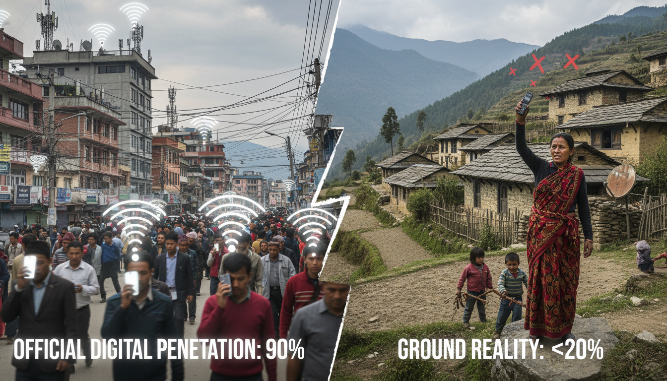 Nepal's Digital Infrastructure: Connectivity Reliability Crisis 2 An image illustrating the stark contrast between exaggerated official digital penetration statistics and the ground reality of digital access in Nepal. Depict a split scene: one side shows a bustling, well-connected urban area with many smartphones and visible network signals, while the other side portrays a remote, rural Nepali village with limited or no connectivity, perhaps an old broken phone or a person struggling to get a signal, emphasizing the significant gap between reported data and actual experience. Focus on cultural authenticity in the Nepali settings.