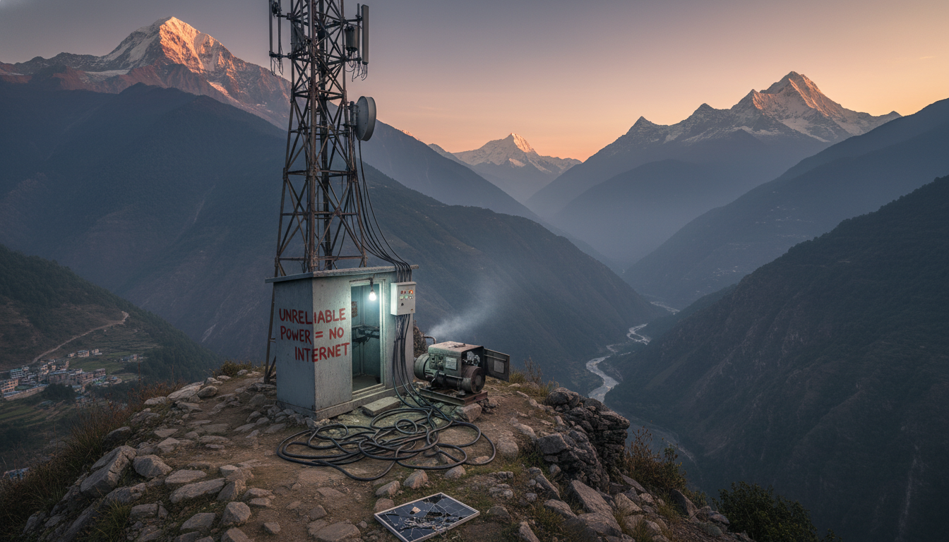 Nepal's Digital Infrastructure: Connectivity Reliability Crisis 3 A rural telecommunications tower (BTS) in a mountainous or remote region of Nepal, looking neglected or partially functional due to power issues. Show signs of grid instability, like dim or flickering lights, an empty or struggling diesel generator, or exposed, damaged power cables. The background should emphasize the rugged, challenging Nepali terrain, illustrating the direct link between unreliable power infrastructure and internet outages.