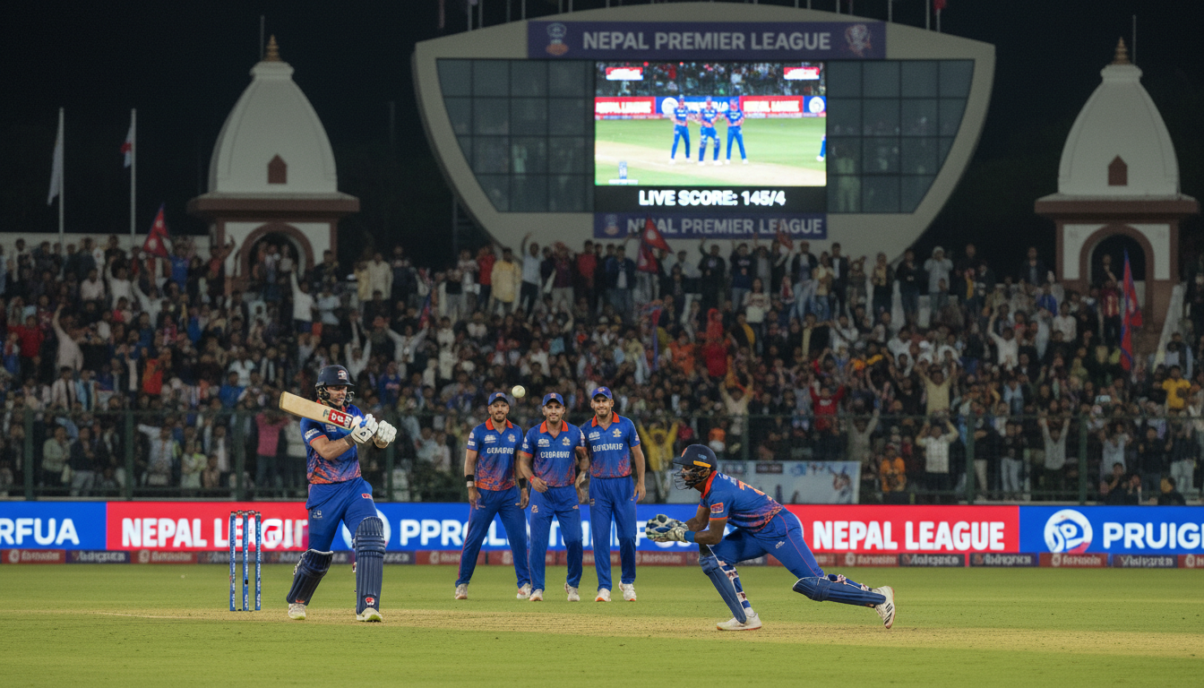 A professional cricket match during the Nepal Premier League, with a blend of prominent international star players and enthusiastic local Nepali cricketers on the field. Focus on dynamic action, showcasing teamwork and the high energy of a competitive T20 game under bright stadium lights, symbolizing the league's global reach and local talent development.