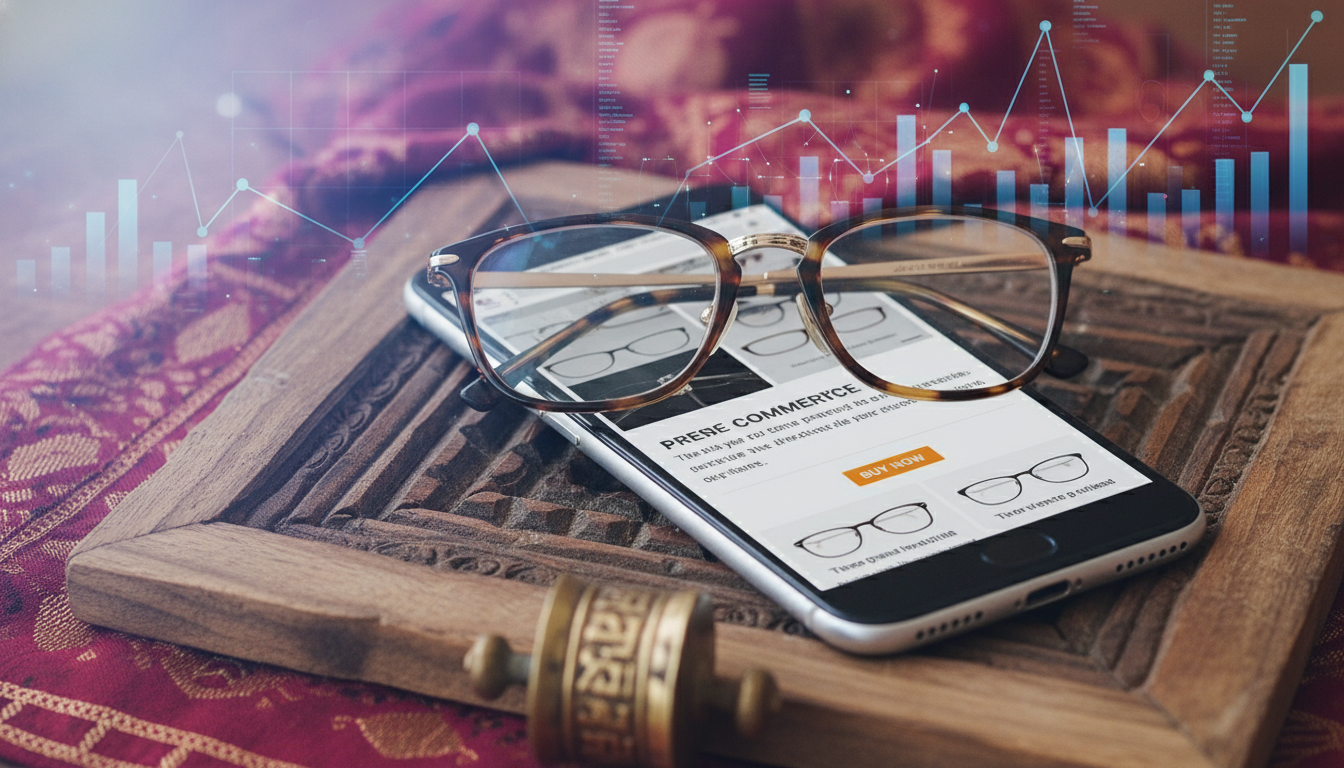A vibrant image featuring stylish eyeglasses, a smartphone displaying an e-commerce website, and subtle elements representing Nepal's cultural background, all set against a backdrop of modern digital lines and graphs.