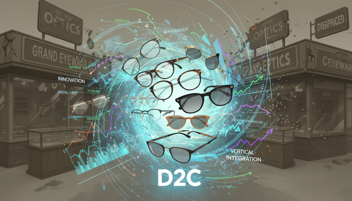 An illustration showing the disruption of the traditional eyewear market by Direct-to-Consumer (D2C) brands. Feature stylish, affordable eyeglasses at the center, surrounded by digital graphs and lines representing innovation, while older, expensive, traditional retail chains fade into the background. Emphasize vertical integration and digital-first approach.