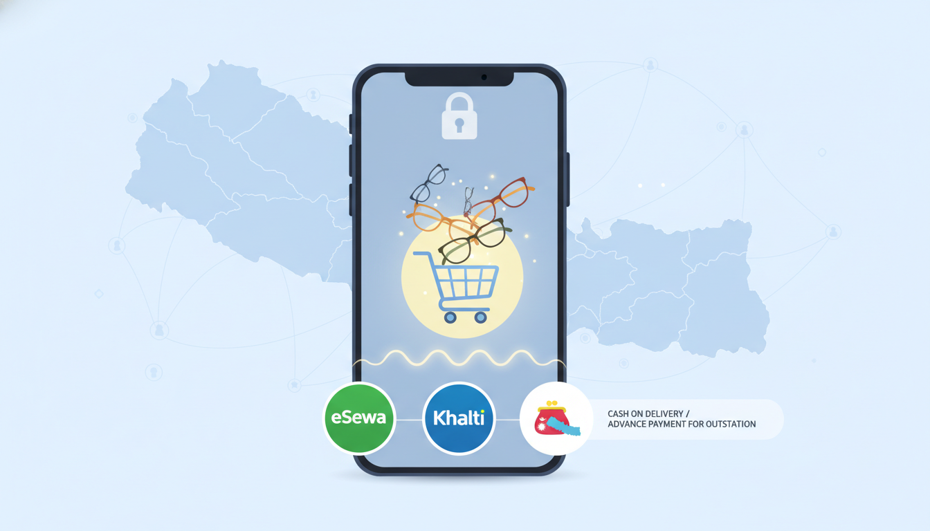 A stylized image depicting a customer's online buying journey for eyewear. Show a smartphone with a shopping cart icon, alongside subtle representations of various payment options like mobile wallets (eSewa, Khalti logos subtly integrated) and a small visual cue for 'Cash on Delivery' or 'Advance Payment for outstation' indicating a secure transaction process, perhaps with a map of Nepal in the background.