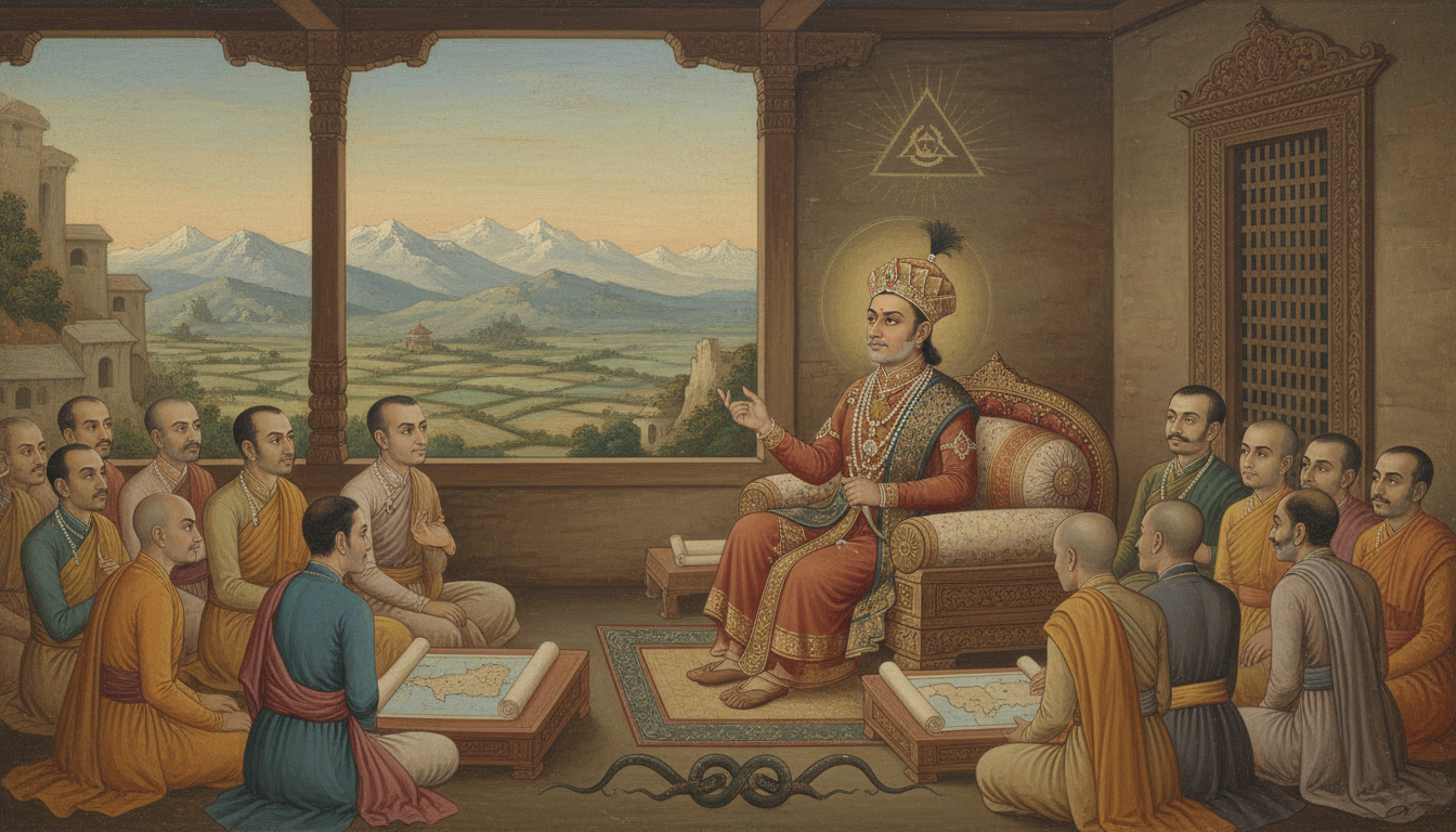 An 18th-century painting style illustration of King Prithvi Narayan Shah, regal and wise, delivering his 'Dibya Upadesh' (Divine Counsel) to his assembled courtiers and priests in Nuwakot Palace. The scene should convey solemnity, strategic thought, and the historical moment of Nepal's foundation, with subtle symbolic elements of unification and the Himalayan landscape.