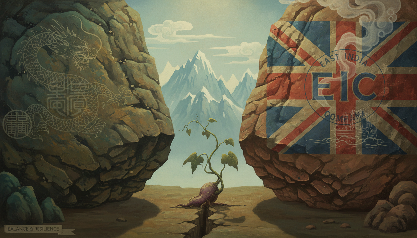 An 18th-century painting style illustration depicting a single, vulnerable yam (sweet potato) growing between two immense, imposing boulders. The boulders represent powerful empires, one subtly hinting at Qing Dynasty China and the other at British East India Company. The scene should convey a sense of precarious balance and strategic resilience, set against a stylized Himalayan backdrop, emphasizing the 'Yam between two boulders' geopolitical metaphor.