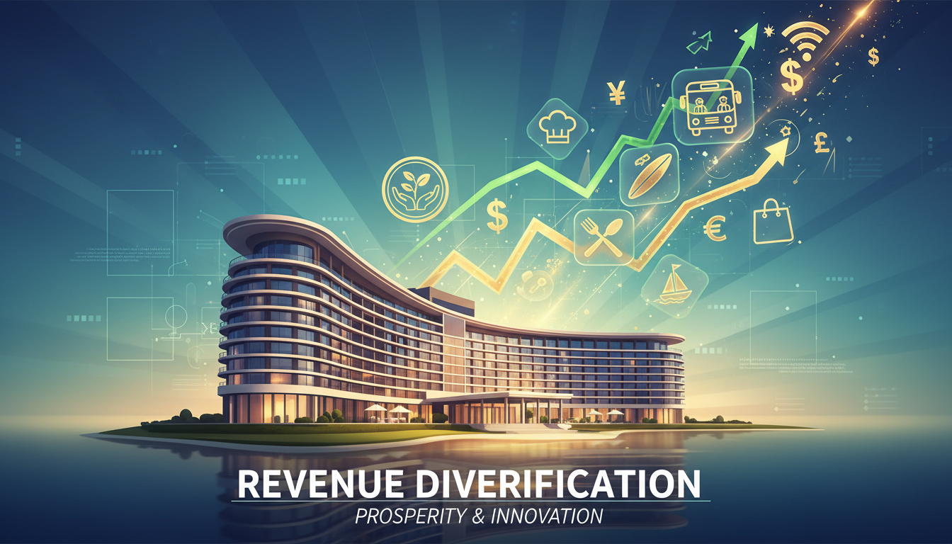 A vibrant, stylized image showing various tourism ancillary services (e.g., a spa symbol, a tour bus, a restaurant icon, a Wi-Fi symbol) emerging from a hotel or resort, with upward-trending profit graphs or currency symbols subtly integrated. The overall mood is prosperous and innovative, representing revenue diversification.