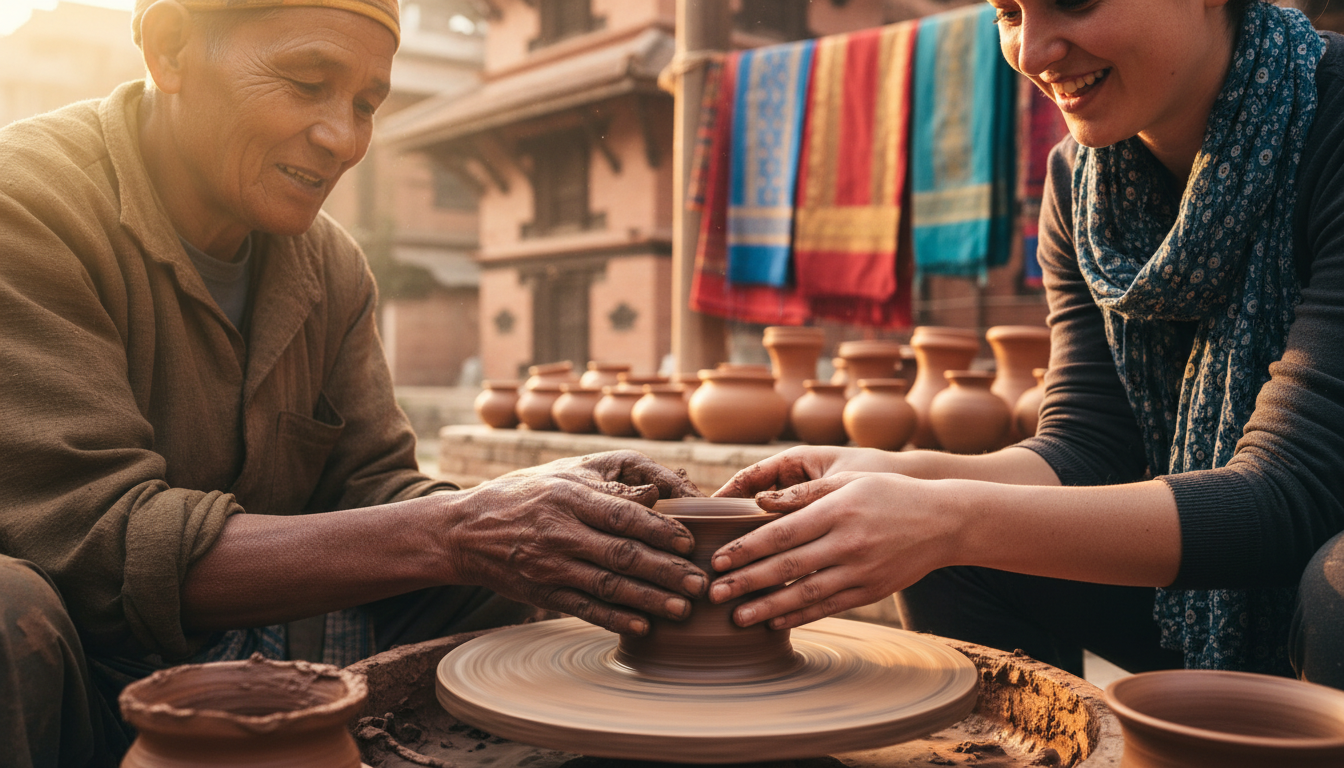 An authentic and engaging image capturing the essence of cultural immersion through a local tourism experience. The central focus is on hands skillfully molding clay on a traditional potter's wheel, perhaps with a local artisan guiding a traveler's hands. The background hints at a historic village or traditional Nepali architecture in Madhyapur Thimi, Nepal, with subtle elements like colorful textiles or traditional pottery. The lighting is warm and natural, emphasizing the hands-on creativity and the unique cultural value of the experience.