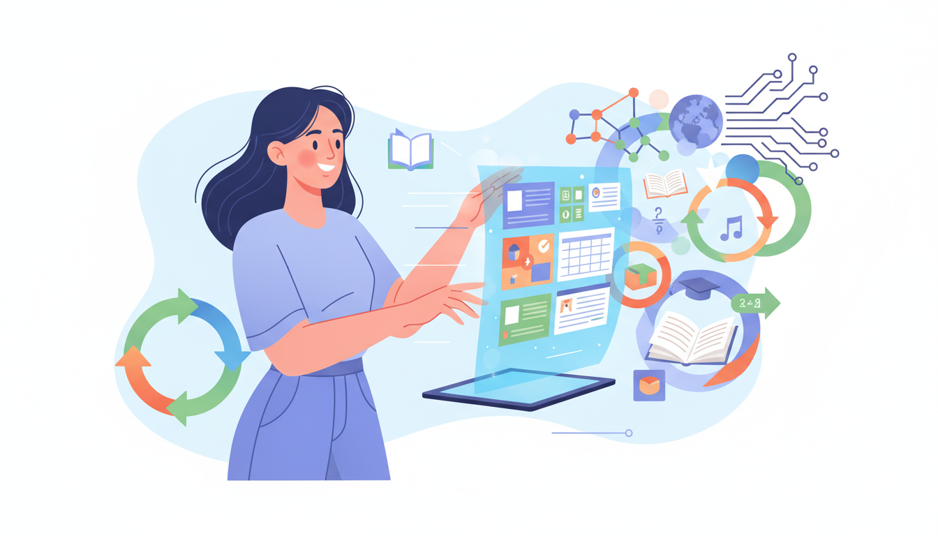 An abstract, modern illustration depicting a teacher smiling and effortlessly organizing digital lesson plans on a holographic interface, with subtle elements of technology, pedagogy, and content knowledge intertwining in the background. The scene should convey efficiency, innovation, and a reduction in workload, using clean lines and a professional, inviting color palette.