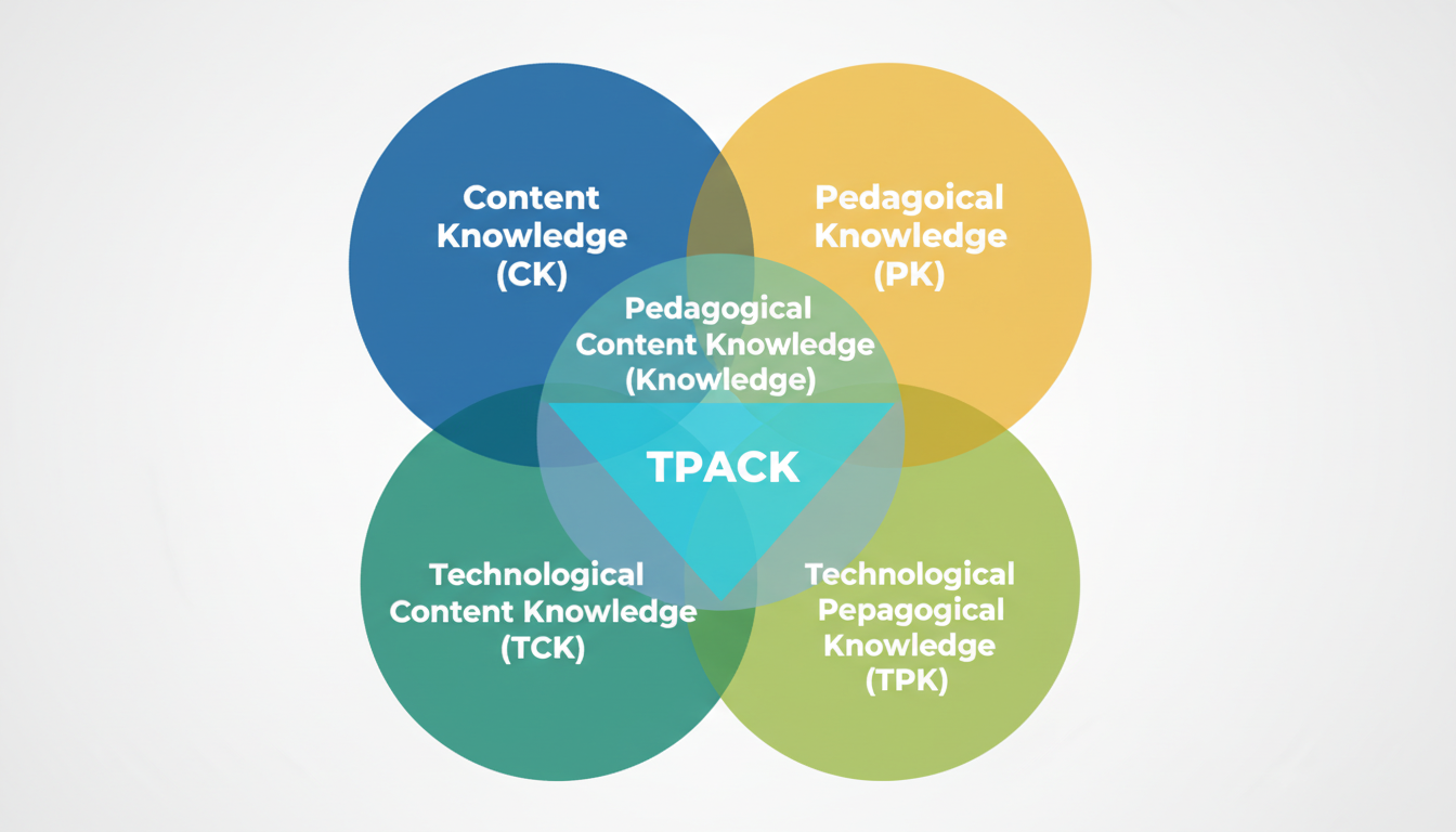 An abstract, modern illustration of the TPACK (Technological Pedagogical Content Knowledge) framework. Depict three overlapping circles representing Content Knowledge (CK), Pedagogical Knowledge (PK), and Technological Knowledge (TK). The intersection points should clearly show the blended knowledge areas, with the central overlap representing TPACK. Use a clean, educational, and professional color palette. The overall style should be clear and informative.