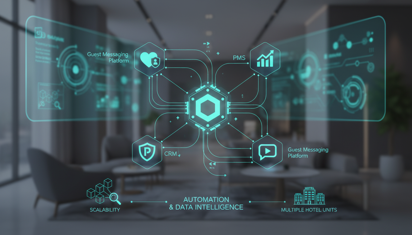 Scaling Hospitality Brands: Strategic Systems for Growth 3 A futuristic and clean visual representation of an interconnected digital ecosystem for hospitality. Show various icons or abstract shapes representing PMS, CRM, RMS, and guest messaging platforms seamlessly flowing data between them via glowing lines or a central hub. The background should be a subtle, modern hotel lobby or abstract digital space. Emphasize automation, data intelligence, and scalability for multiple hotel units. Blue and green digital tones, professional, clean design.