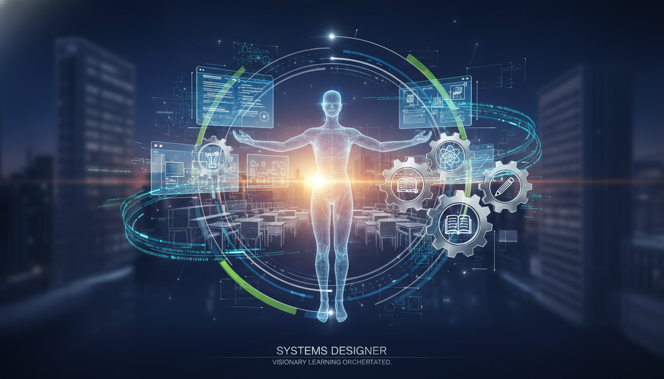 An abstract conceptual image depicting a school leader as a 'systems designer' orchestrating elements of technology, curriculum, and school culture. Show digital interface overlays, gears, and flowing data streams converging to form a cohesive, innovative learning environment, with subtle hints of modern classrooms in the background. The leader is a visionary, not a manager. Stylized, modern, symbolic.