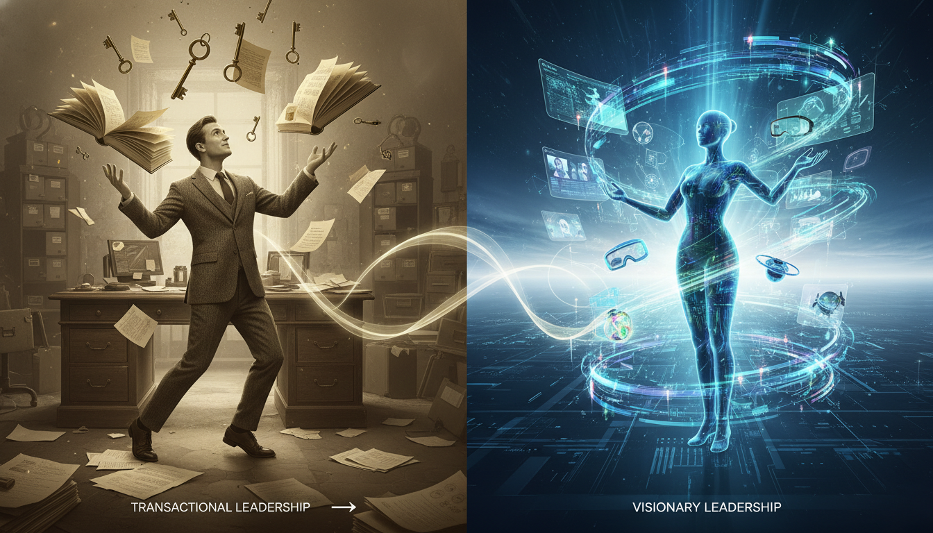 An abstract visual metaphor showing a traditional school principal juggling physical keys and papers on one side, representing old managerial duties, contrasted with a modern, visionary school leader on the other side, surrounded by flowing digital data, collaborative interfaces, and futuristic learning tools, symbolizing strategic digital integration and transformational influence. The image should convey a clear shift from transactional to visionary leadership in education.