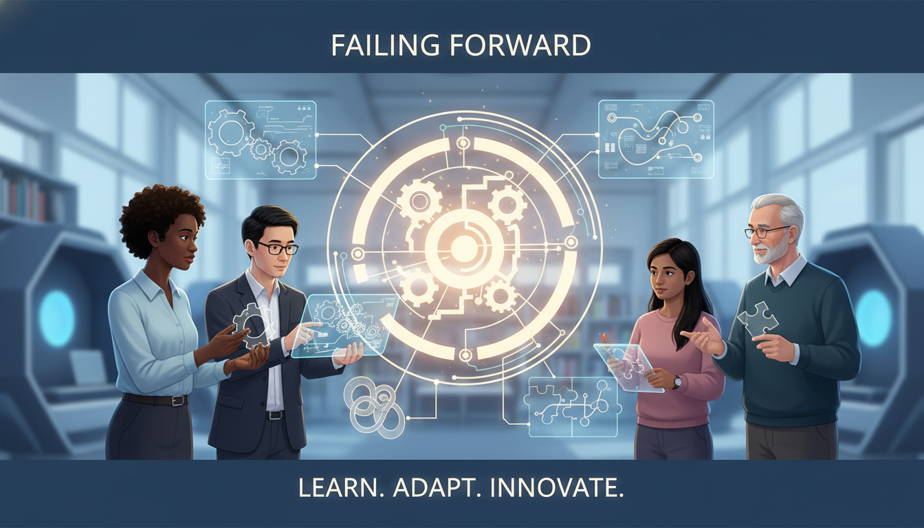 A symbolic image representing 'failing forward' and learning from mistakes in an educational setting. Show abstract representations of challenges or errors (like broken gears or tangled paths) being examined and reconfigured by diverse educators in a collaborative, supportive environment. The overall tone should be one of growth and resilience, with light emanating from redesigned solutions, emphasizing learning and iteration rather than blame. Clean, modern aesthetic.