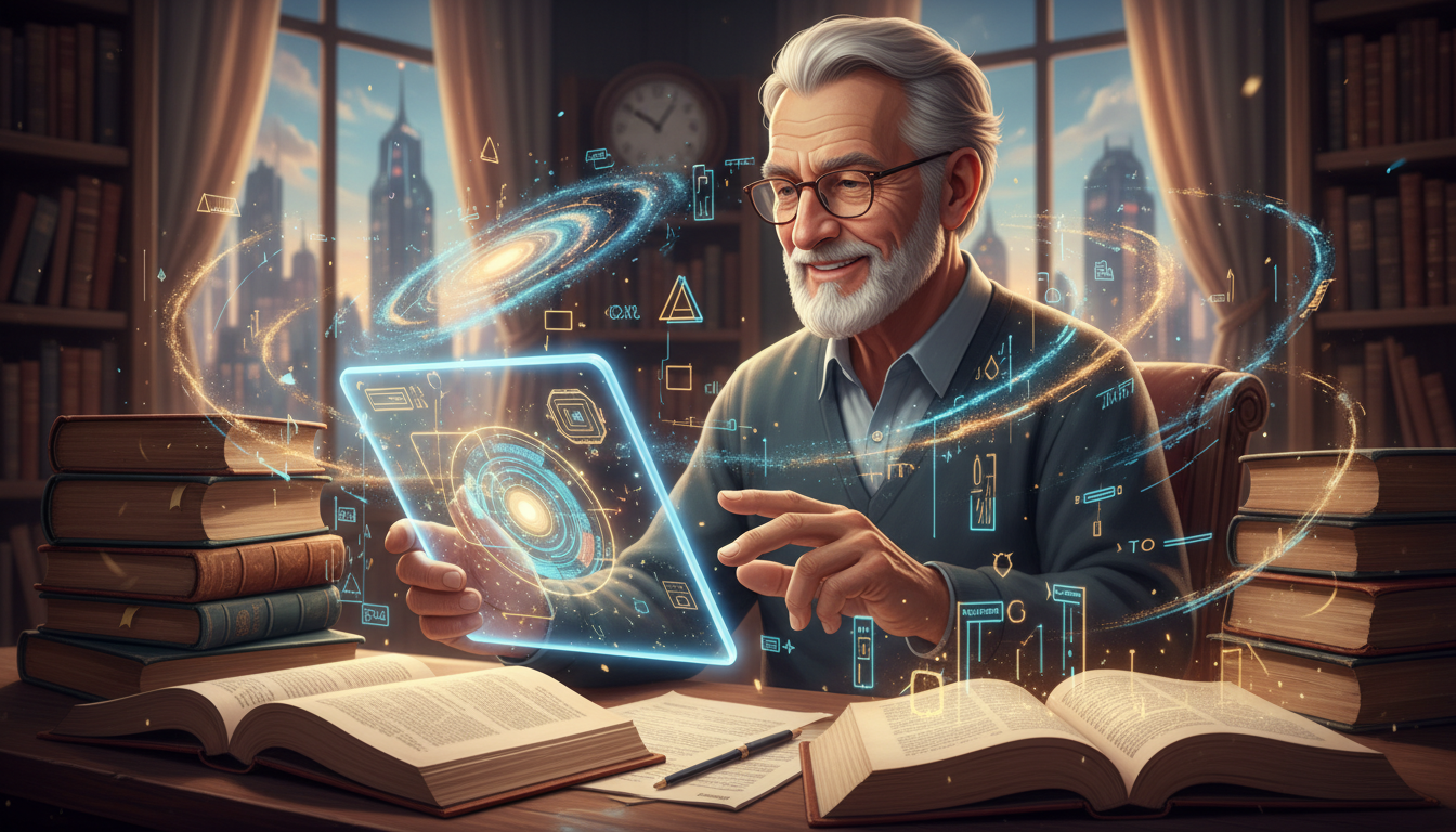 Empowering Senior Teachers: Bridging Tech & Wisdom in Education 1 A wise, experienced senior teacher with glasses, gently interacting with a modern tablet or laptop, surrounded by glowing digital data merging with traditional books, representing the blend of wisdom and innovation in an educational setting. Soft, encouraging lighting. Digital art.