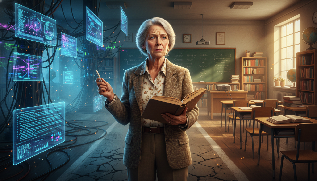 Empowering Senior Teachers: Bridging Tech & Wisdom in Education 2 A seasoned senior teacher with a furrowed brow, holding a traditional chalk and textbook, stands at a crossroads. One path leads to a comfortable, well-organized classroom with analog tools, while the other dimly lit path features complex, glowing digital screens and wires, representing uncertainty and change. A subtle aura of apprehension and expertise conflict. Realistic digital painting.