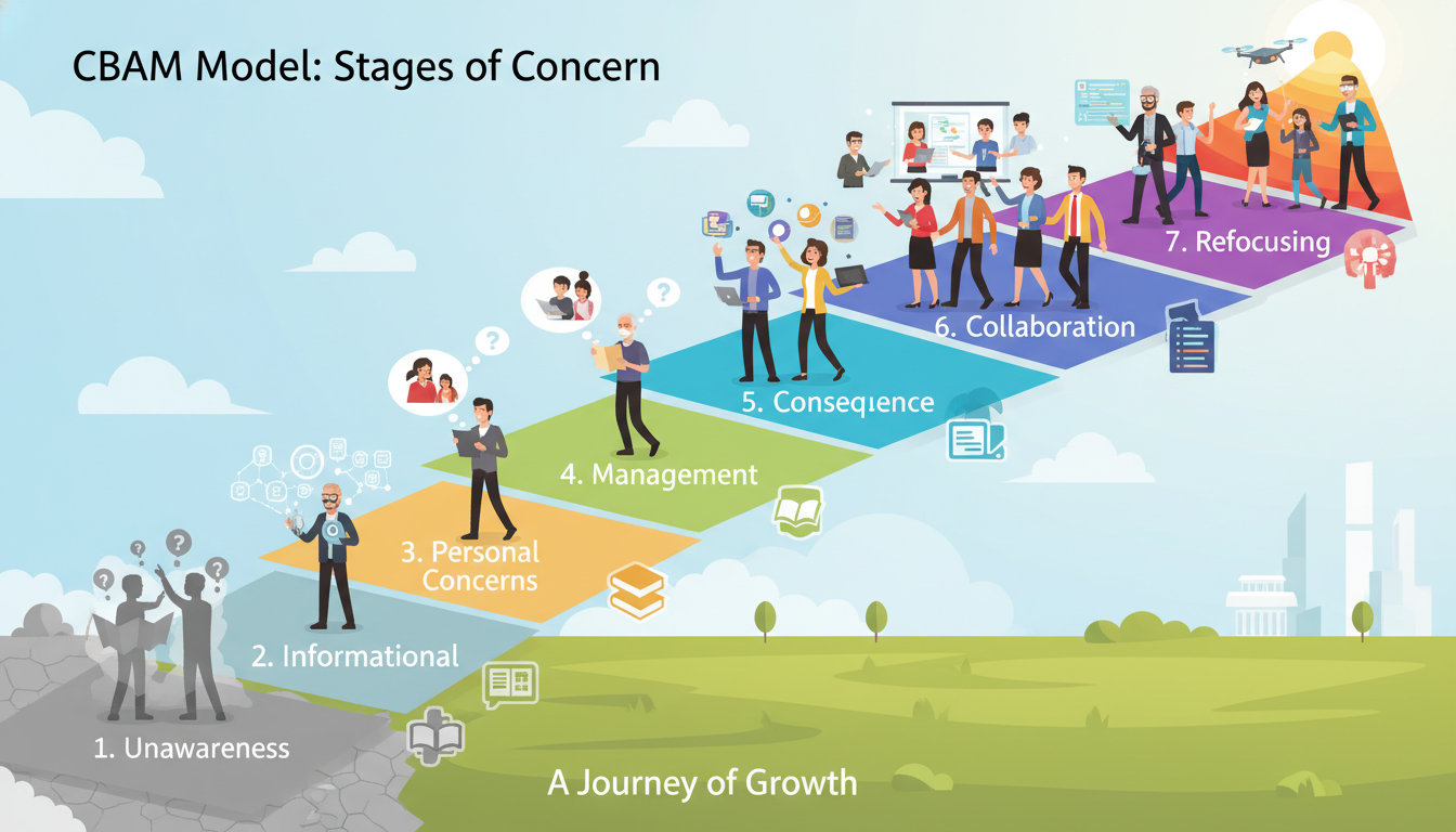 Empowering Senior Teachers: Bridging Tech & Wisdom in Education 3 A sequential visual metaphor showing a diverse group of teachers, including senior educators, ascending a gentle, winding path. Each segment of the path represents a 'Stage of Concern' from the CBAM model: initial unawareness (cloudy beginning), informational (seeking maps), personal concerns (pondering personal impact), management (juggling tasks), consequence (seeing student impact), collaboration (working together), and refocusing (innovating at the summit). The path transitions from grey tones to vibrant colors, symbolizing growing confidence and integration with technology. Educational infographic style.
