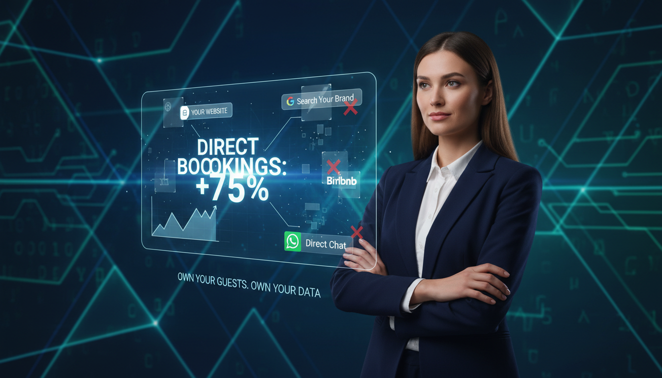 A modern, sophisticated host looking confidently at a dashboard displaying direct booking metrics, with diverse digital booking channels (website, WhatsApp icon, Google search bar) radiating outwards, symbolizing independence from large online travel agencies (OTAs) like Airbnb. The background should be clean and slightly abstract, focusing on technology and strategic growth. Emphasize data ownership and direct guest relationships.