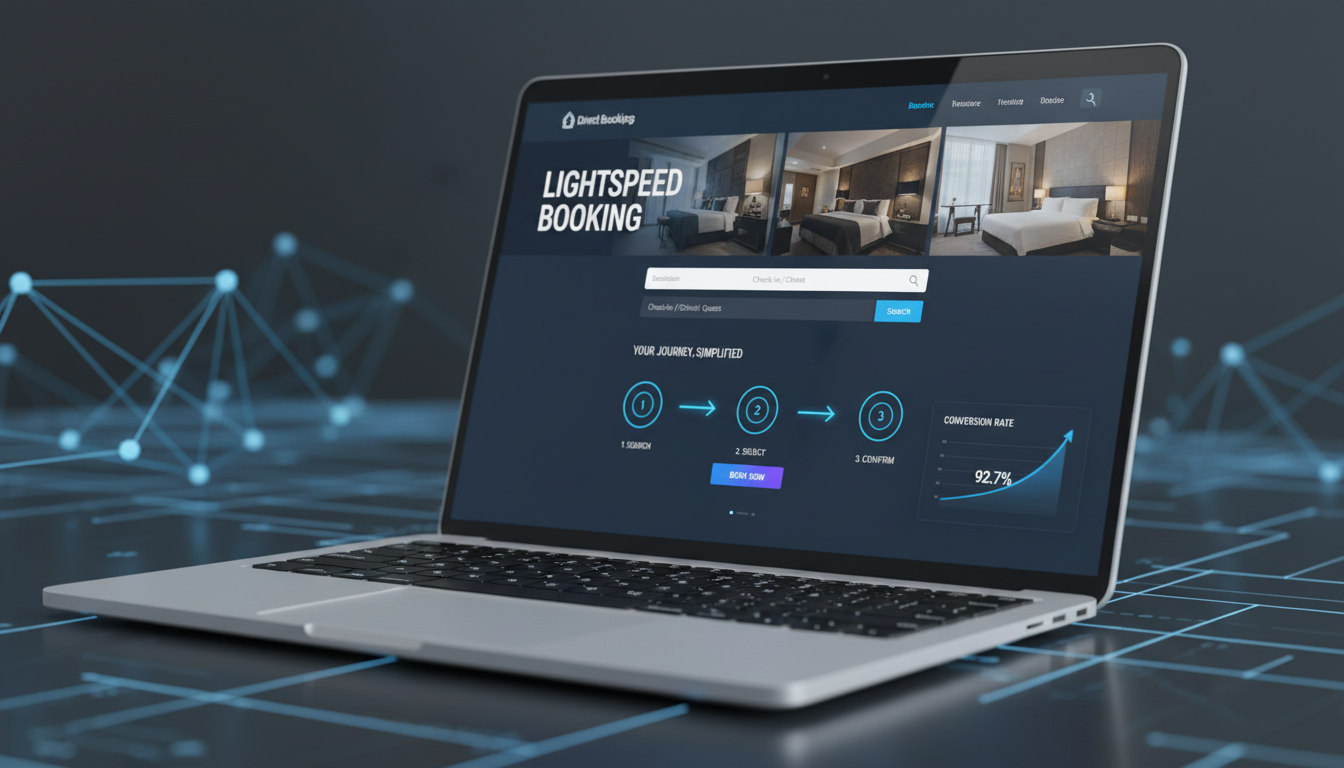 A sleek, high-performance direct booking website interface displayed on a modern tablet or laptop, showcasing fast load times, a frictionless booking funnel, and clear data visualizations of high conversion rates. The design should be minimalist with a focus on user experience and efficiency, set against a blurred background suggesting digital architecture.