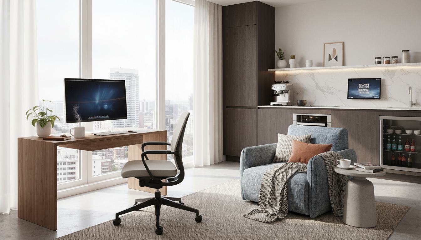 A modern, inviting short-term rental interior with subtle design elements catering to diverse guest personas: a dedicated workspace for a digital nomad, comfortable seating for a solo traveler, and thoughtful amenities. Bright, natural light, high-end yet functional.