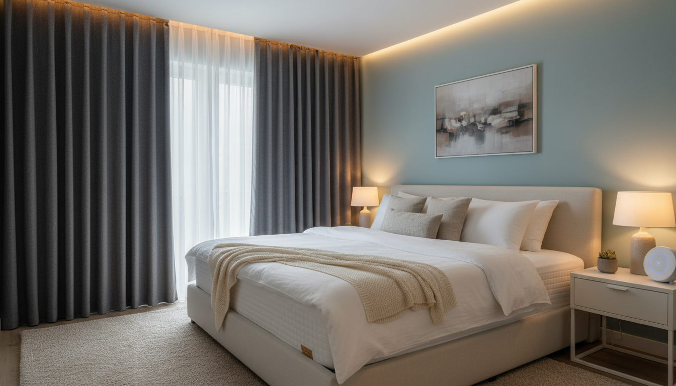 A serene and quiet bedroom in a short-term rental, designed for restorative rest. Features include sound-dampening curtains, soft ambient lighting, a plush, high-quality bed, and a subtle white noise machine on a minimalist nightstand. The atmosphere should convey immediate calm and stress relief.