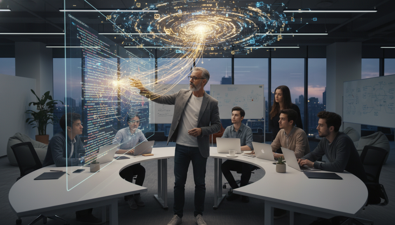 A senior software engineer (Teacher Developer) collaboratively guiding a team of developers through complex code on a large screen, with visual metaphors of knowledge transfer, mentorship, and collective intelligence represented by flowing data or glowing connections. The setting is a modern, collaborative tech workspace, illustrating growth and enablement.