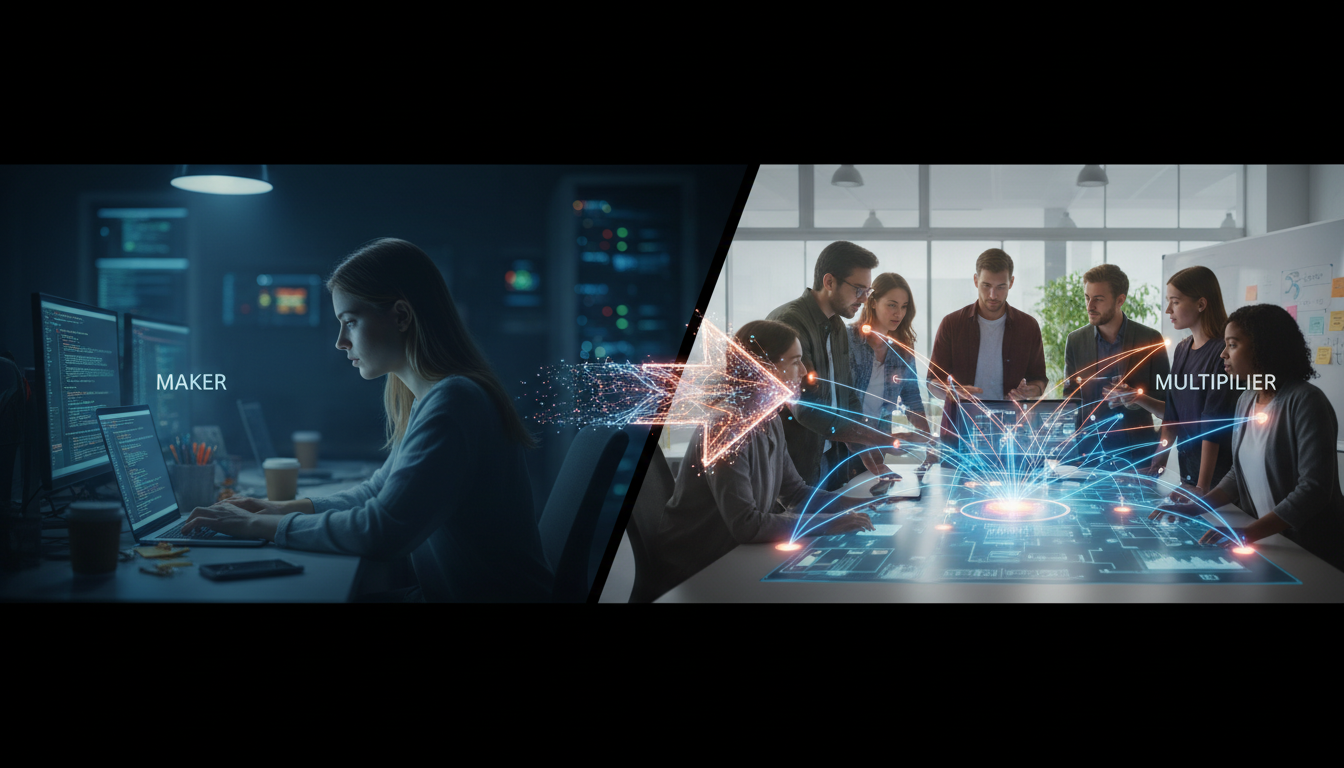 A split image or visual metaphor depicting the 'Maker to Multiplier' shift in software engineering. On one side, a lone developer is deeply immersed in coding on a screen, representing individual output. On the other side, a diverse team of developers are seen collaborating actively, with interconnected lines or glowing nodes symbolizing knowledge transfer and amplified collective output. A subtle, dynamic arrow or bridge visually connects the two states, indicating a transition and growth.