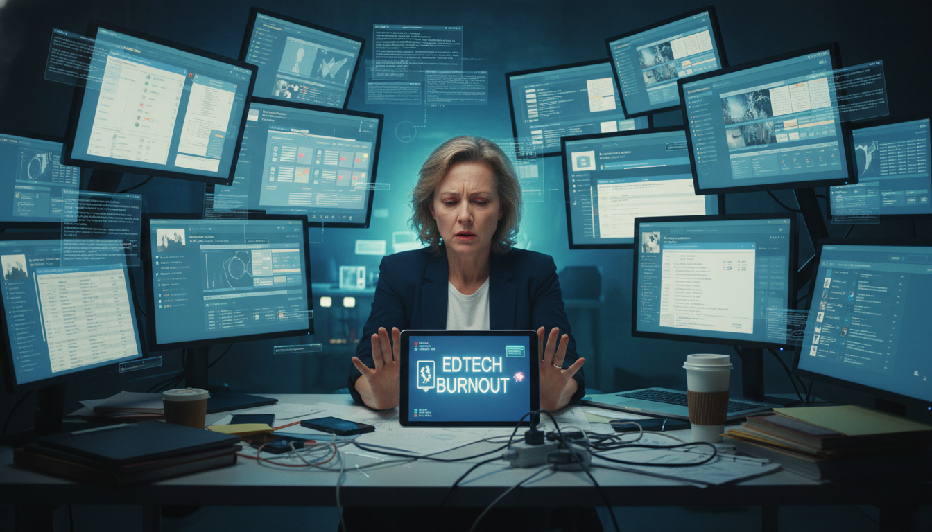 Teacher EdTech Abandonment: Workload, Stress & Burnout 1 A tired teacher looking overwhelmed, surrounded by numerous glowing digital screens and virtual task queues, pushing away a tablet in frustration, symbolizing EdTech abandonment due to excessive workload and stress.