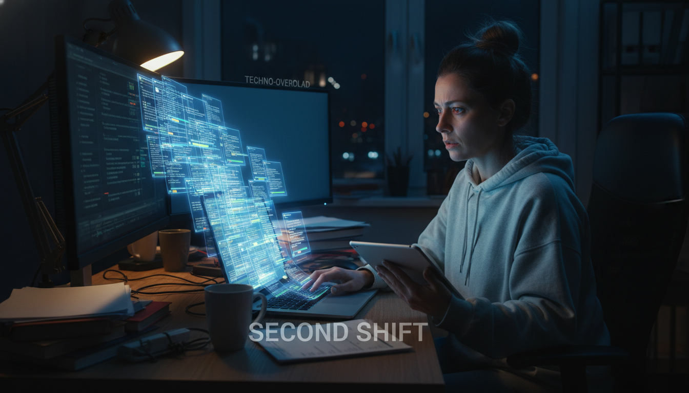 Teacher EdTech Abandonment: Workload, Stress & Burnout 2 A teacher at home, late at night, surrounded by glowing screens, looking stressed while continuously grading digital assignments on a laptop, with a pile of digital papers visually overwhelming the screen, symbolizing the 'second shift' and techno-overload.