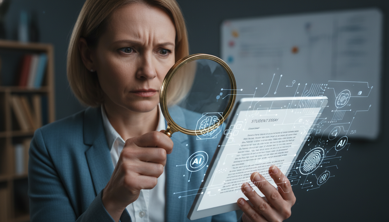 Teacher EdTech Abandonment: Workload, Stress & Burnout 3 A teacher with a magnifying glass, looking suspiciously at a tablet showing a student's essay, with faint, glowing AI-related symbols or code subtly overlaid on the text, representing the burden of detecting AI plagiarism and the shift to forensic investigation.