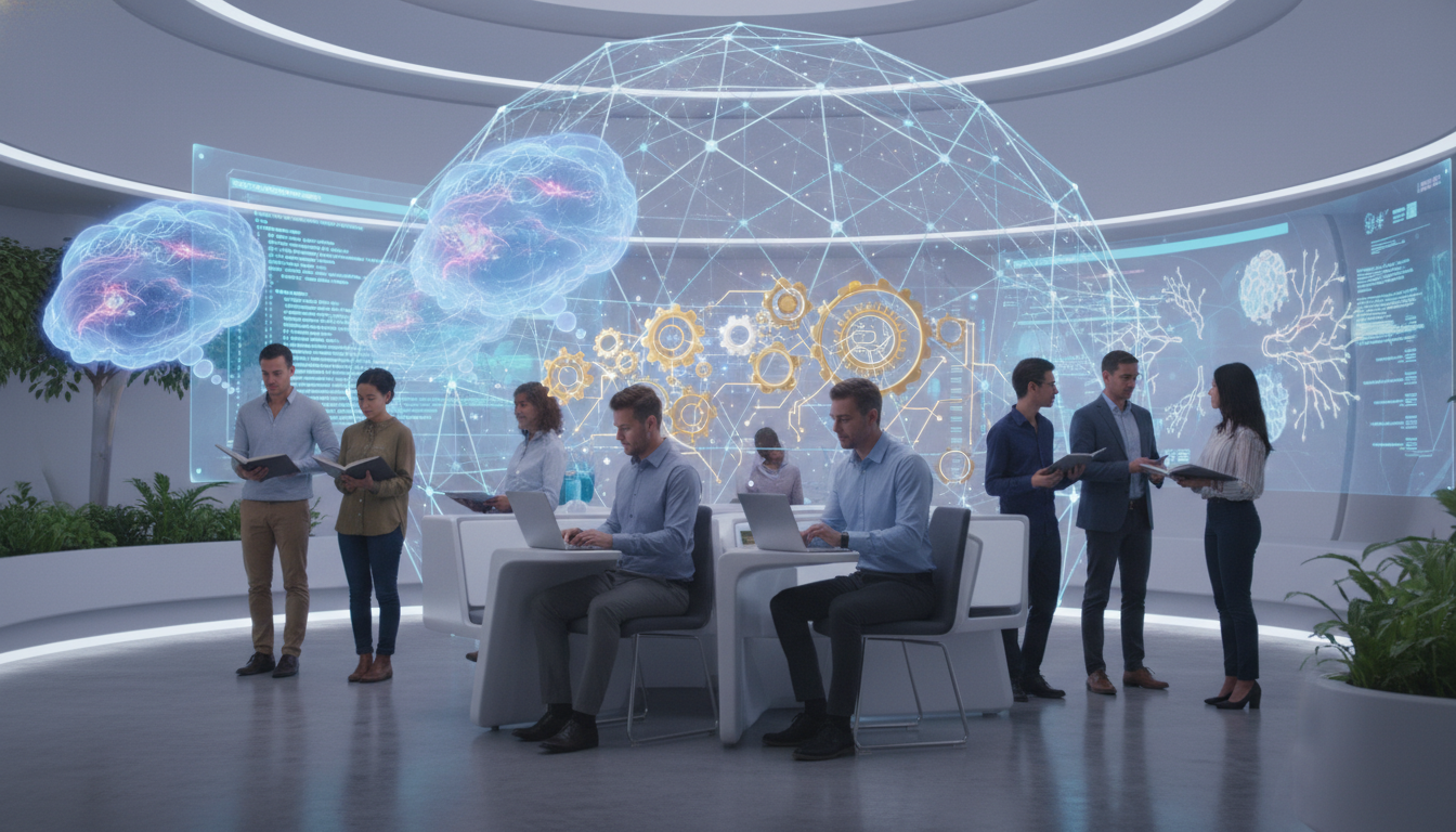 A diverse group of teachers, some looking thoughtful, others engaged with tablets or laptops, surrounded by subtle abstract representations of thought bubbles, gears, or brain patterns, symbolizing the psychological aspect of technology integration in a classroom setting, with a futuristic yet human-centric feel.