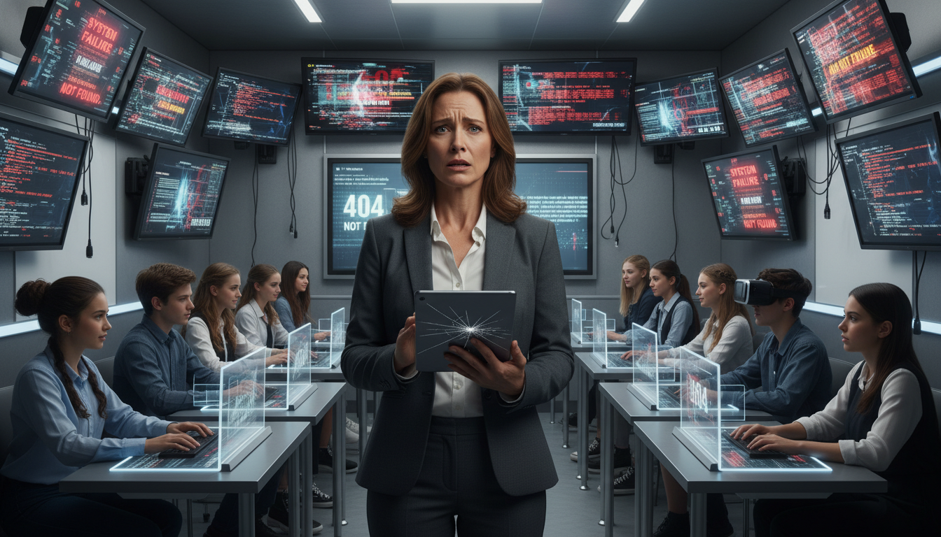 A teacher standing in front of a classroom, looking anxious or overwhelmed as digital screens around her display chaotic or error messages, while students appear more comfortable with technology, symbolizing the "loss of face" and "tech fatigue" described in the text about fear of failure.