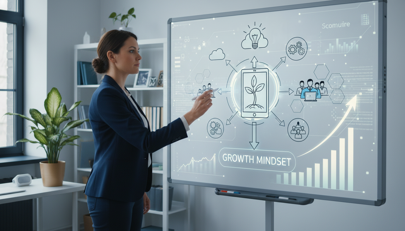 A teacher at a whiteboard, sketching out ideas for using technology, with a determined yet thoughtful expression, surrounded by symbols of growth like a growing plant or ascending arrows, indicating learning and development, perhaps with a subtle digital overlay, illustrating a 'Growth Mindset'.
