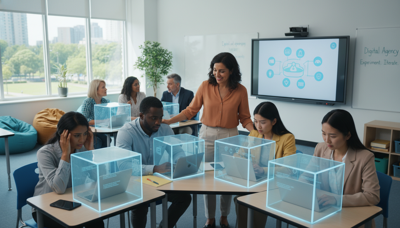 Teacher Tech Resistance: Empathy, Support & Digital Agency 1 A diverse group of teachers in a modern classroom, some looking thoughtful or slightly overwhelmed by digital devices (laptops, tablets), while an empathetic educational leader offers guidance and support. The scene should convey psychological safety, collaborative learning, and the journey towards digital agency, with subtle visual metaphors for 'sandboxes' or protected spaces for experimentation. The overall mood should be supportive and forward-looking, not confrontational.
