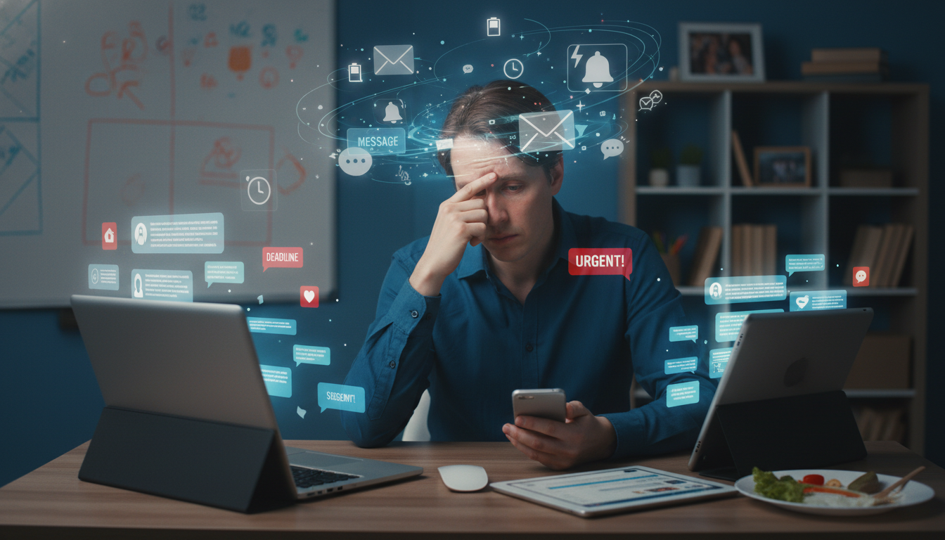 Teacher Tech Resistance: Empathy, Support & Digital Agency 3 An image depicting 'technostress' in a teacher. A stressed or overwhelmed teacher sitting at a desk surrounded by multiple glowing digital devices (laptop, tablet, phone) with notifications and icons hovering around them, symbolizing information overload and constant connectivity. The teacher's expression should convey exhaustion and a feeling of boundaries eroding. The background could subtly hint at a classroom or home environment, blending professional and personal invasion.