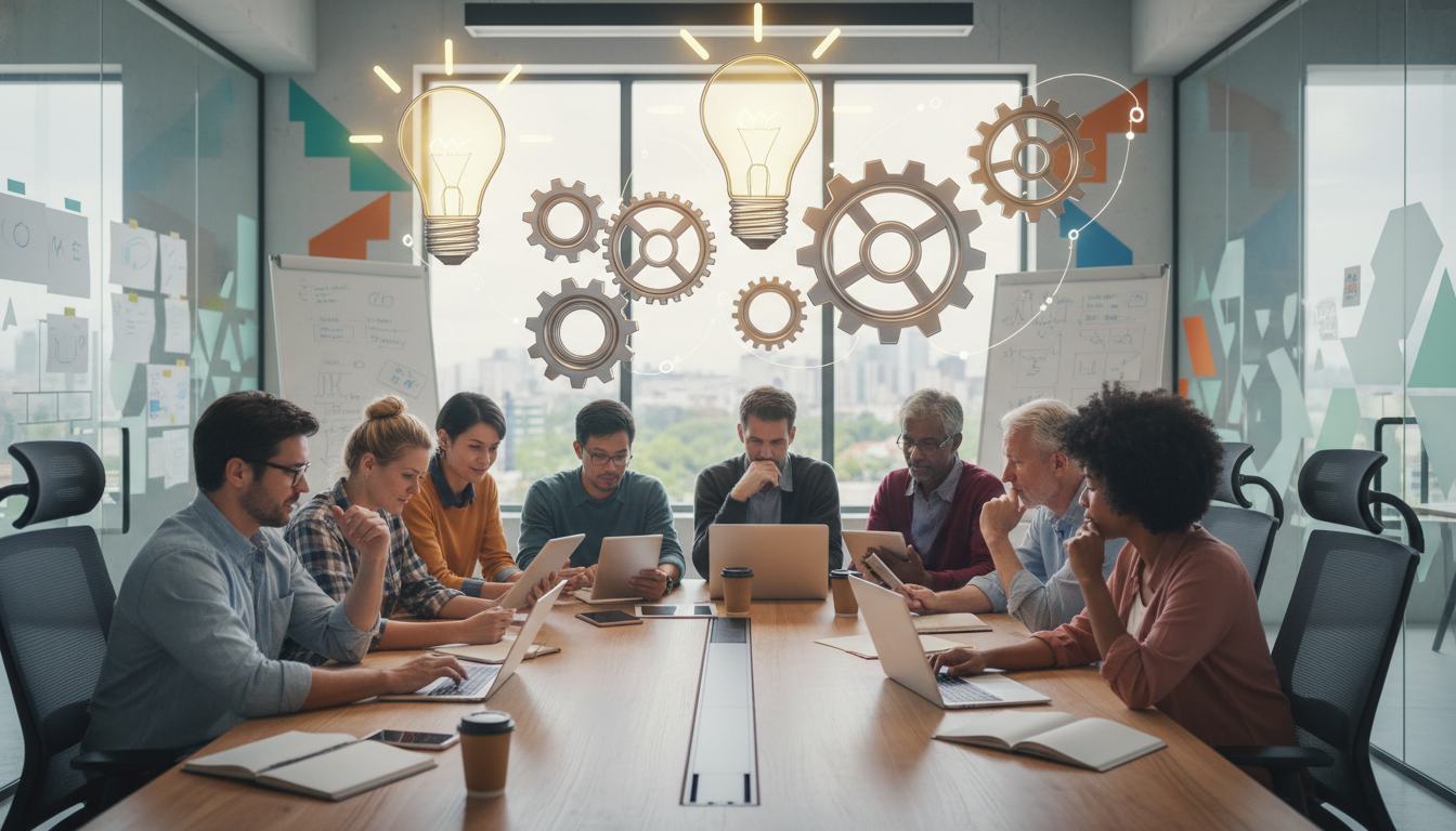 Teacher Tool Evaluation: Building Agency & Autonomy in EdTech 1 A diverse group of teachers, empowered and confident, thoughtfully evaluating various digital educational tools on tablets and laptops. They are surrounded by lightbulb icons and gears symbolizing critical thinking and pedagogical reasoning. The setting is modern and collaborative, with a sense of autonomy and innovation.