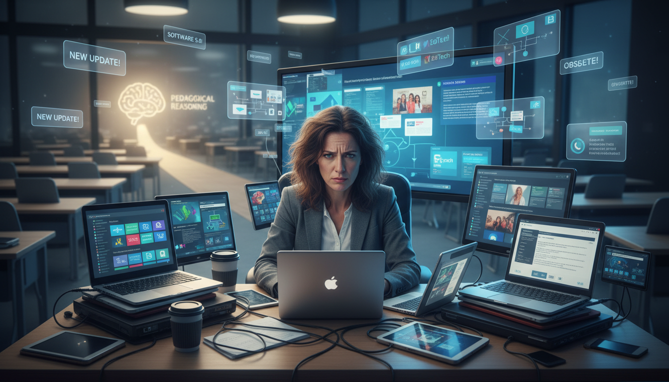 Teacher Tool Evaluation: Building Agency & Autonomy in EdTech 2 A teacher looking overwhelmed or frustrated, surrounded by numerous digital devices and quickly changing software interfaces, symbolizing the 'Training Trap' and rapid obsolescence. In the background, a faint pathway or light represents 'pedagogical reasoning' as a way out. The image should convey a sense of complexity and a need for a shift in approach, in a modern classroom setting.