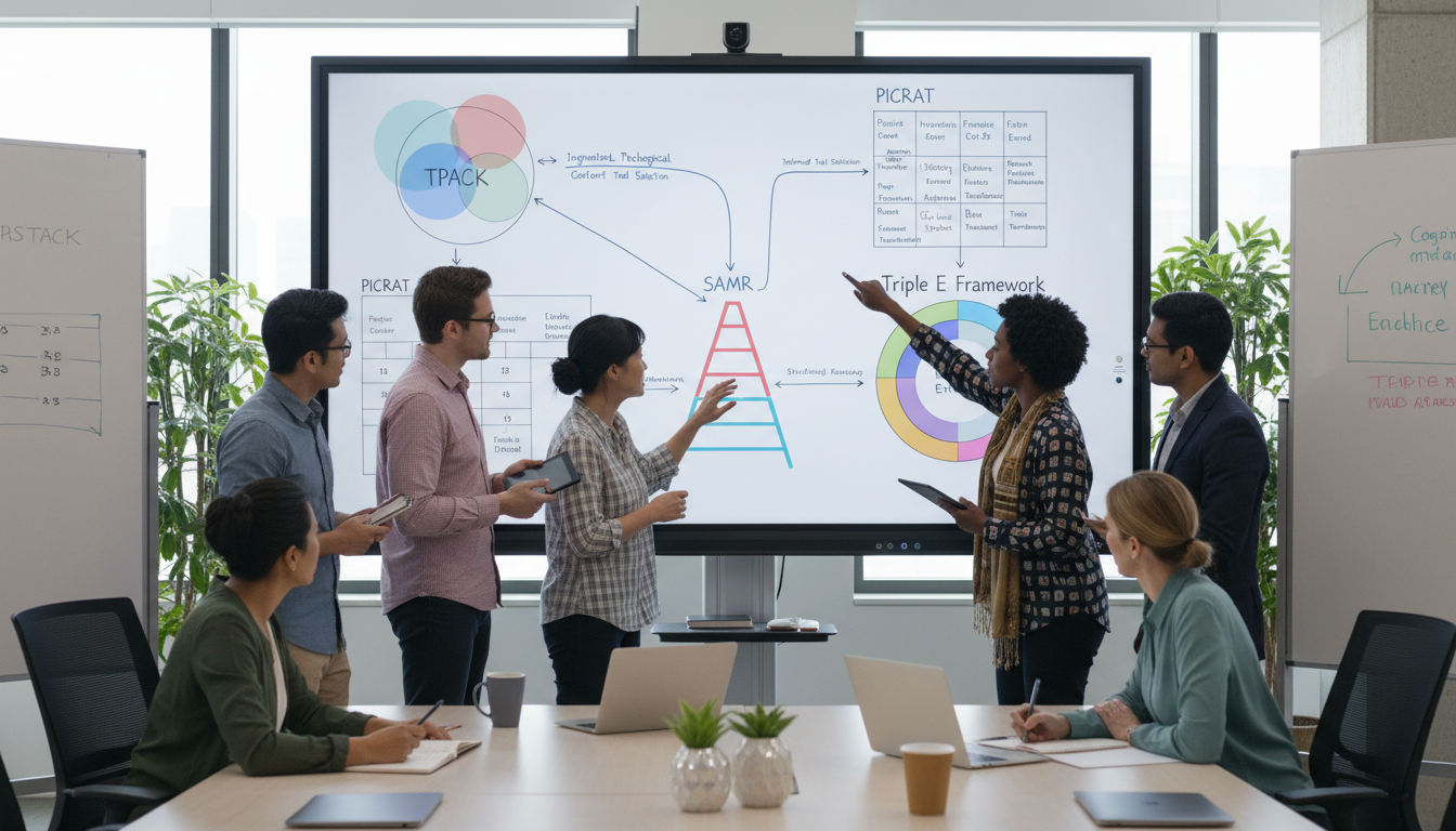 Teacher Tool Evaluation: Building Agency & Autonomy in EdTech 3 A diverse group of teachers collaborating around a digital display or whiteboard, which shows interconnected diagrams or flowcharts representing educational technology evaluation frameworks like TPACK, SAMR, PICRAT, and Triple E. They are actively discussing and using these 'cognitive checklists' to make informed decisions about digital tools, symbolizing structured pedagogical reasoning. The setting is a modern, light-filled collaborative workspace.